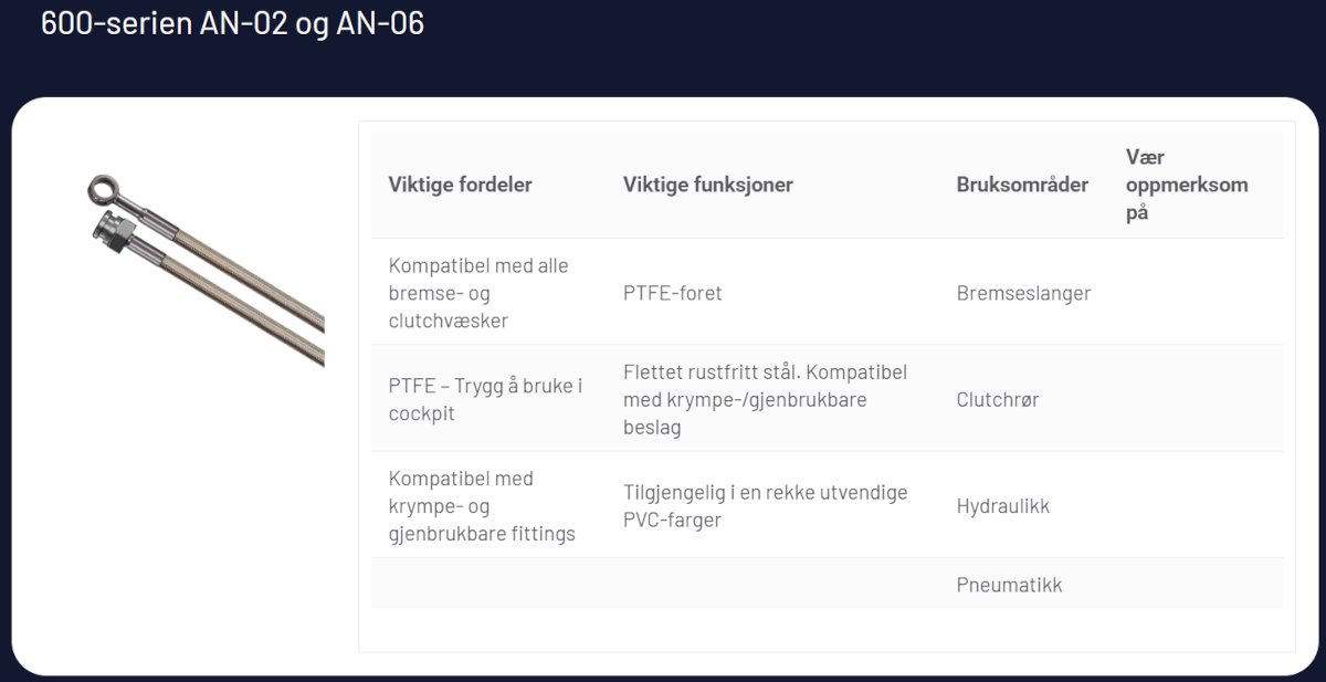600 slange AN2 - AN6 bruksområde