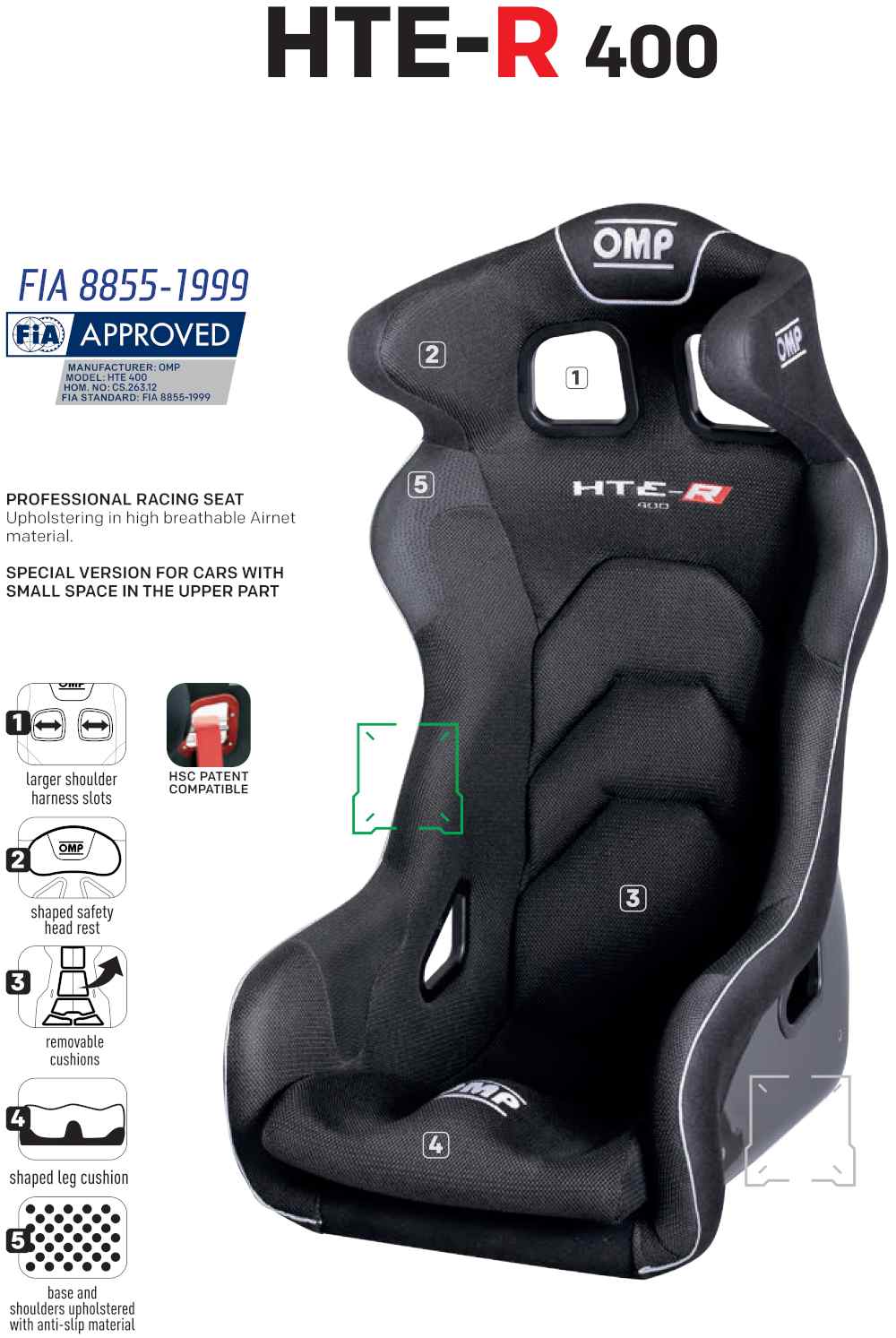OMP HTE-R 400 racingsete i gelbelagt glassfiberskall