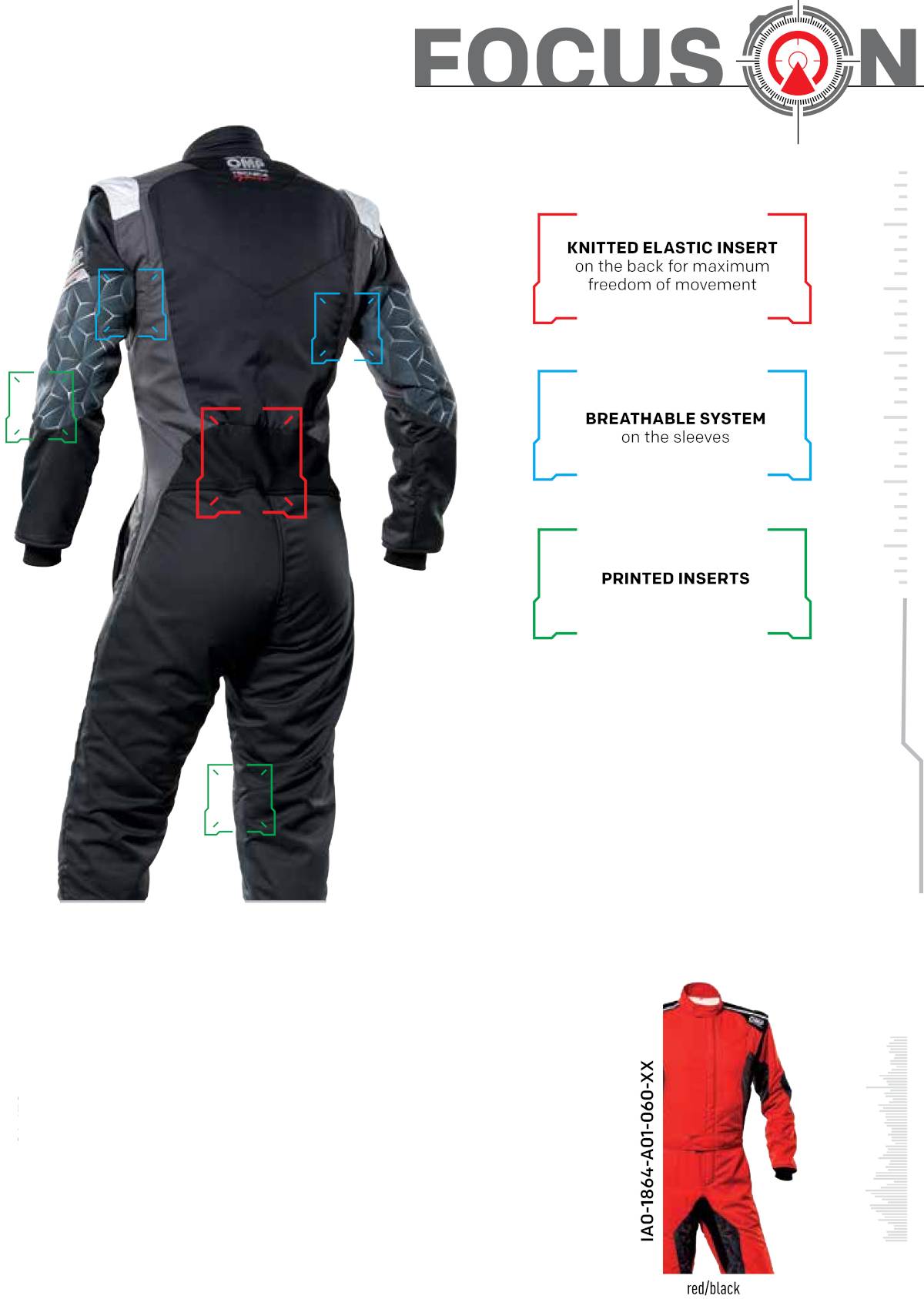 OMP Tecnica Hybrid kjøredress i rød og svart, fokus på