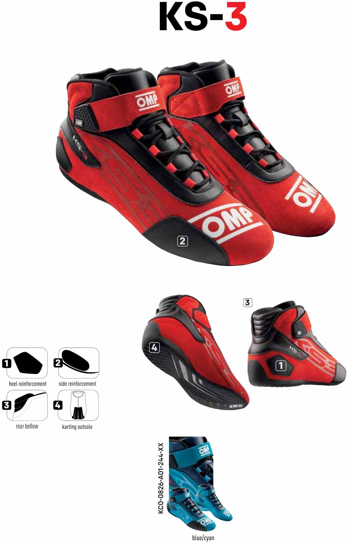 OMP KS-3 kjøresko for karting i semsket skinn. Blå og Cyan farge.